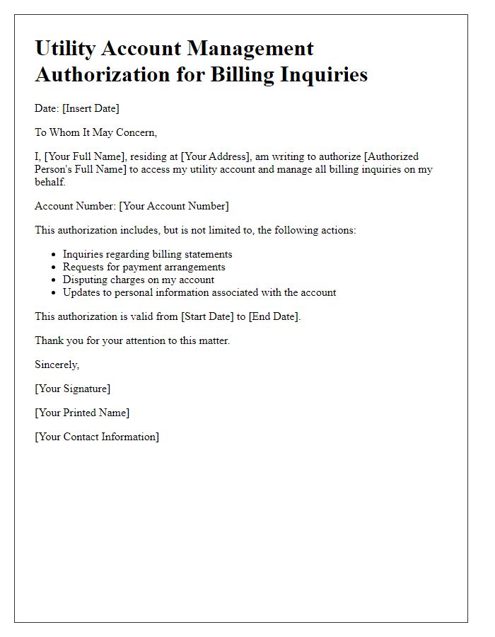 Letter template of utility account management authorization for billing inquiries