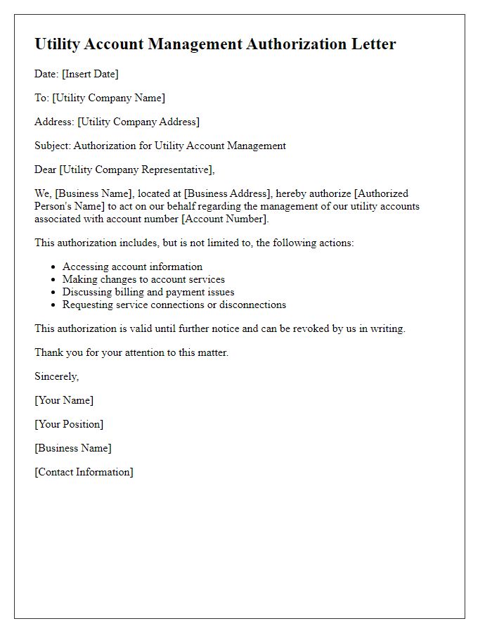 Letter template of utility account management authorization for business accounts