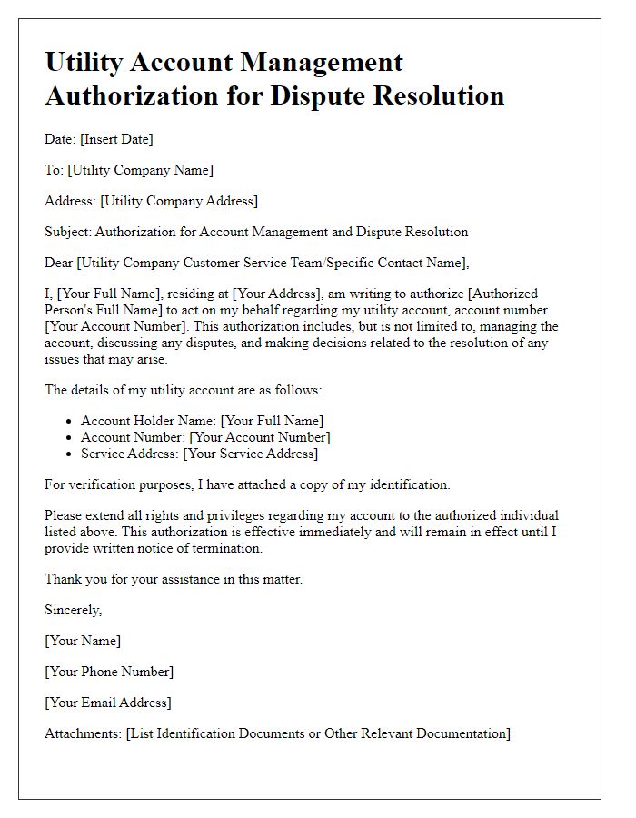 Letter template of utility account management authorization for dispute resolution