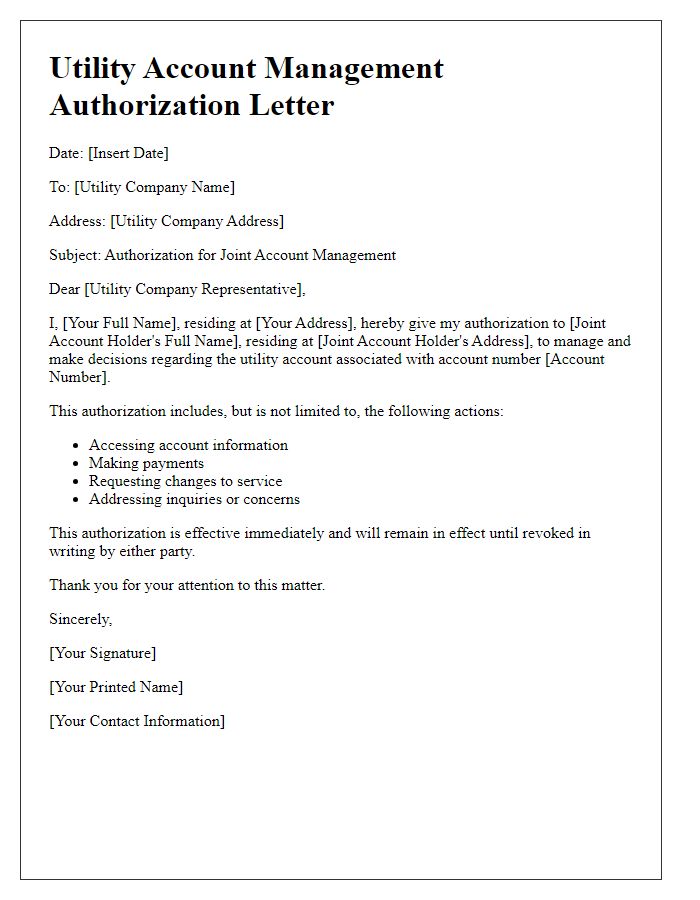 Letter template of utility account management authorization for joint accounts