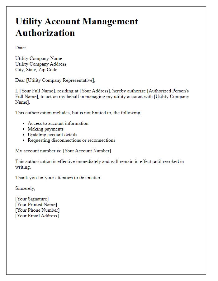 Letter template of utility account management authorization for residential customers