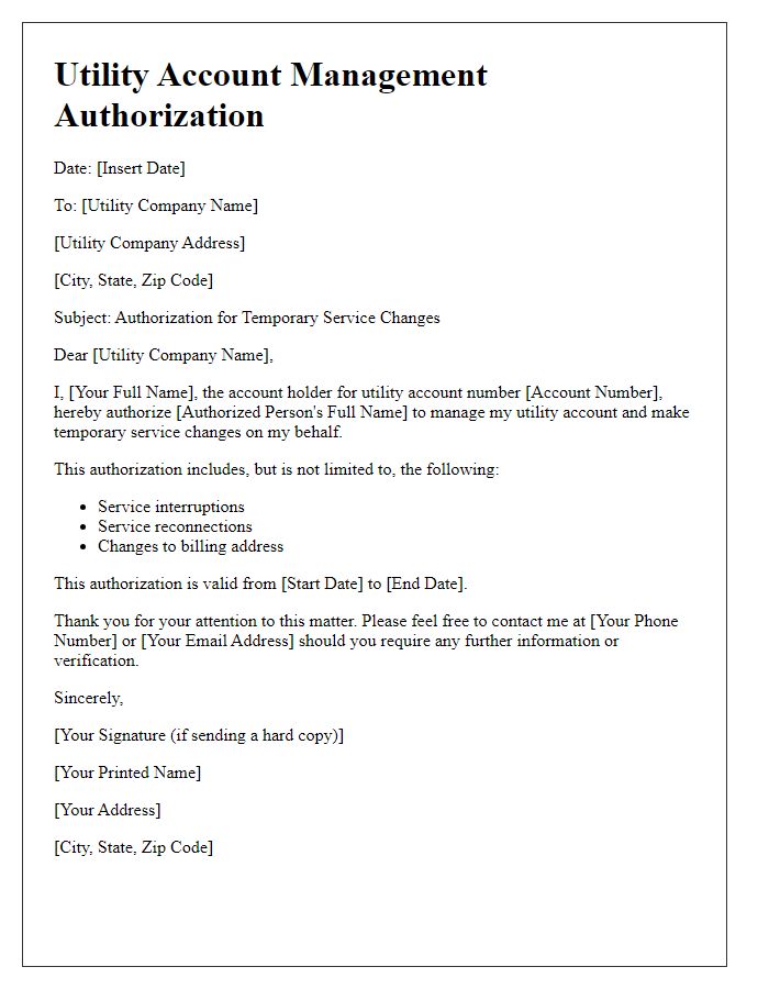 Letter template of utility account management authorization for temporary service changes