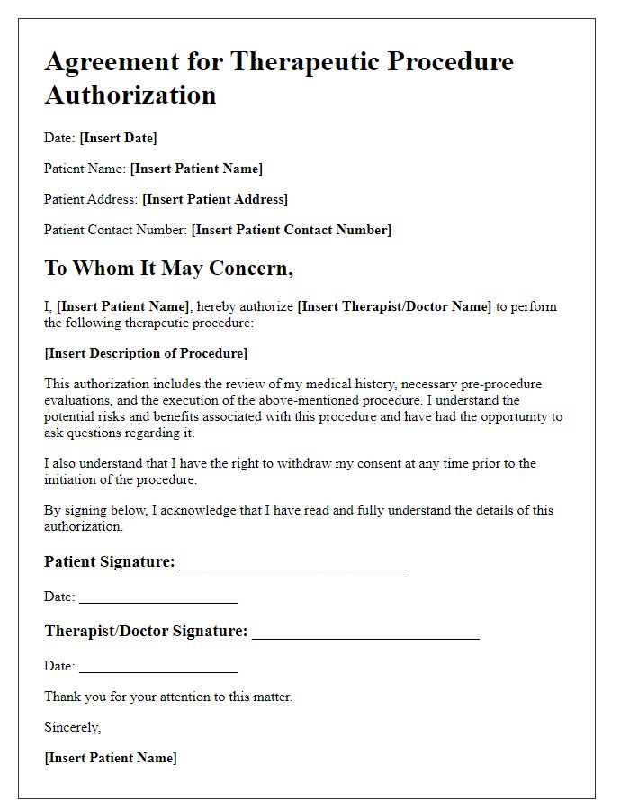 Letter template of agreement for therapeutic procedure authorization.