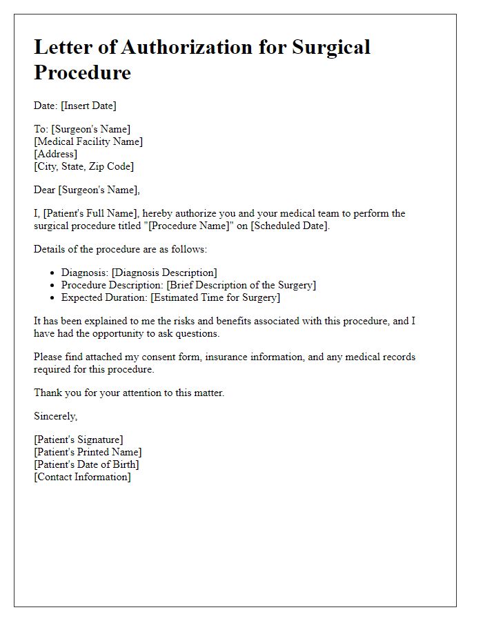 Letter template of authorization for surgical procedure approval.