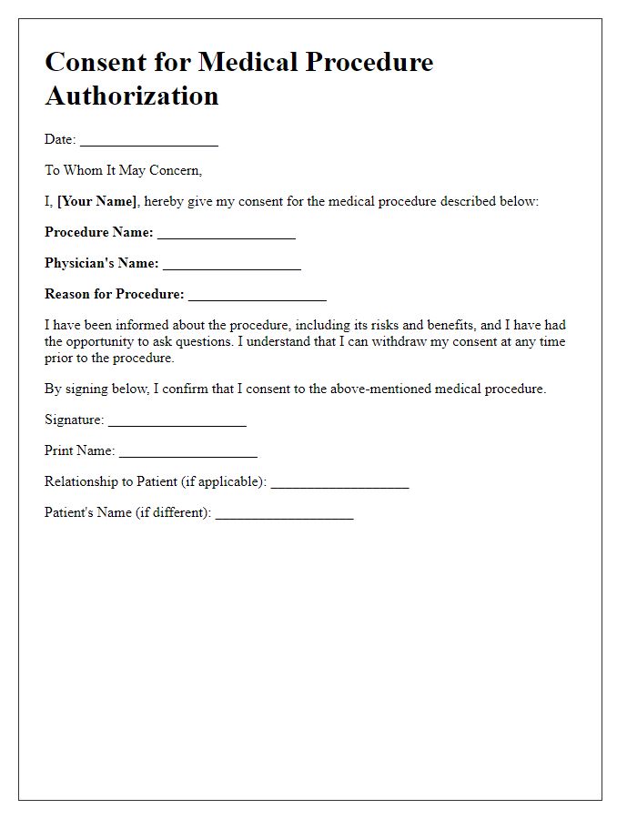 Letter template of consent for medical procedure authorization.