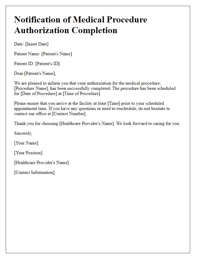 Letter template of notification for medical procedure authorization completion.