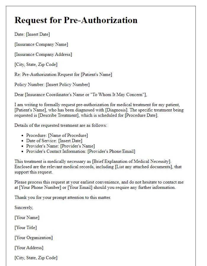 Letter template of request for pre-authorization of medical treatment.