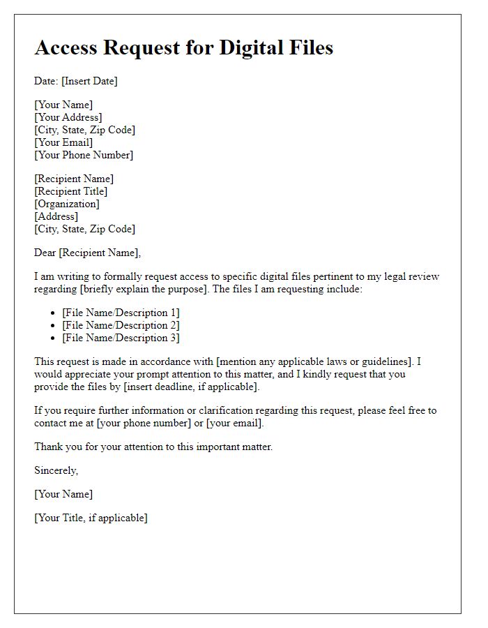 Letter template of access request for digital files for legal review.