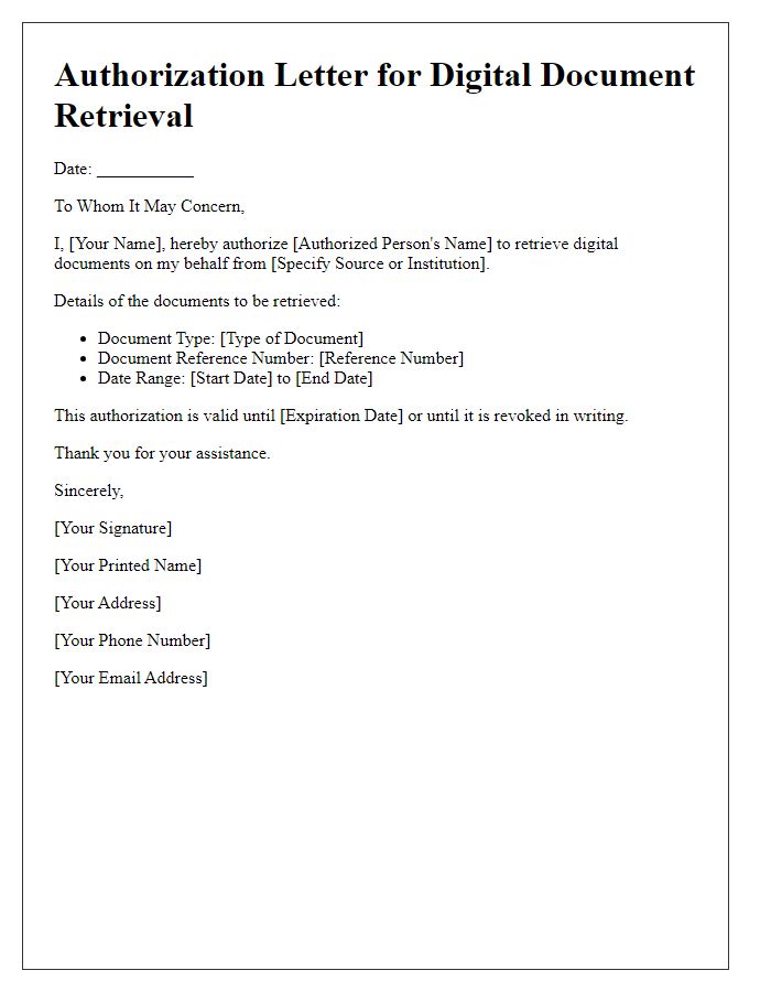 Letter template of authorization for digital document retrieval.