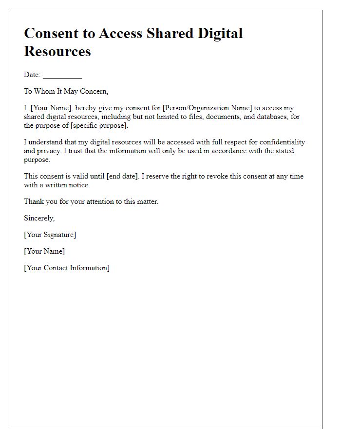 Letter template of consent to access shared digital resources.