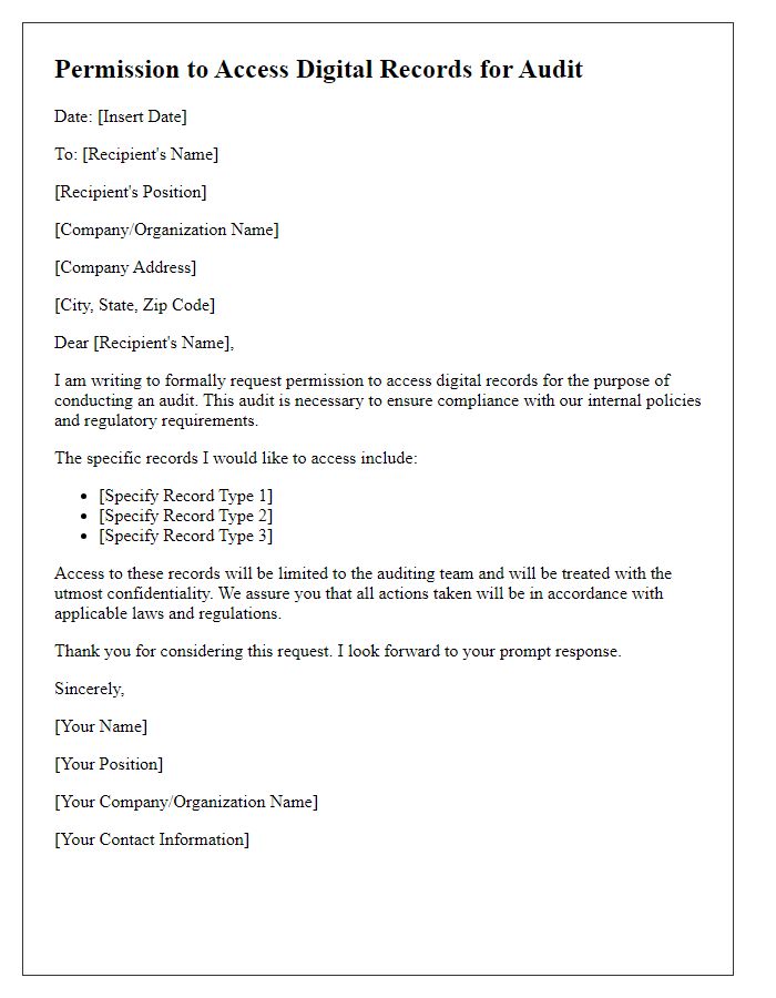 Letter template of permission to access digital records for audit.