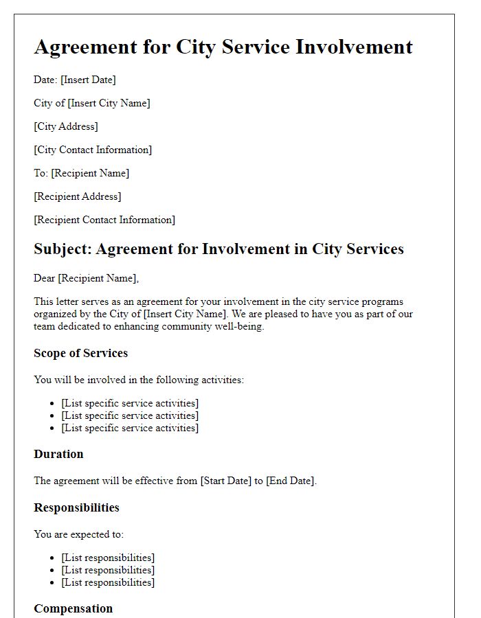 Letter template of agreement for city service involvement