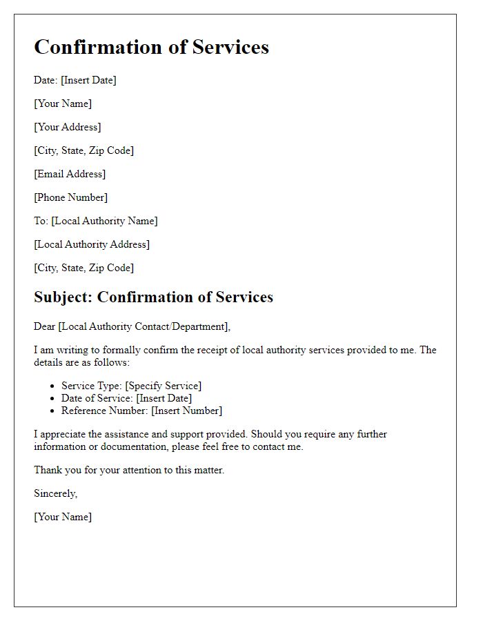 Letter template of confirmation for local authority services