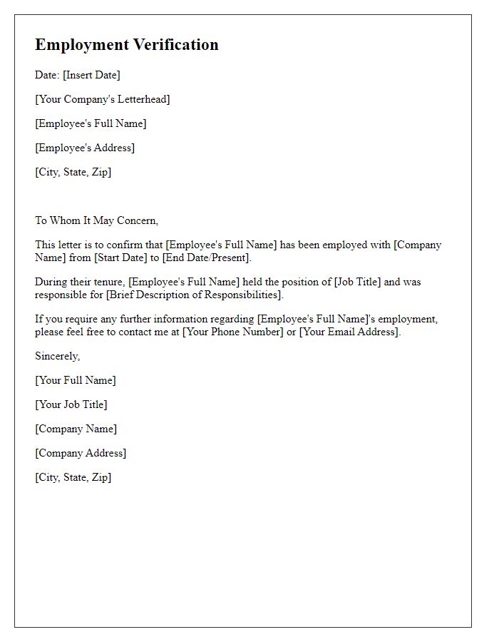 Letter template of employment verification for background check