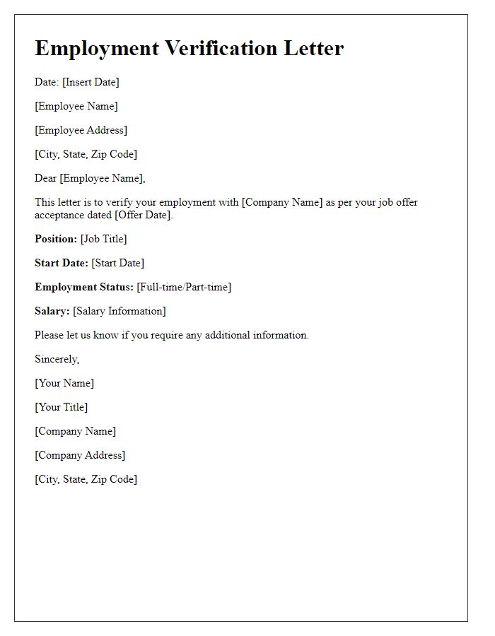 Letter template of employment verification for job offer acceptance