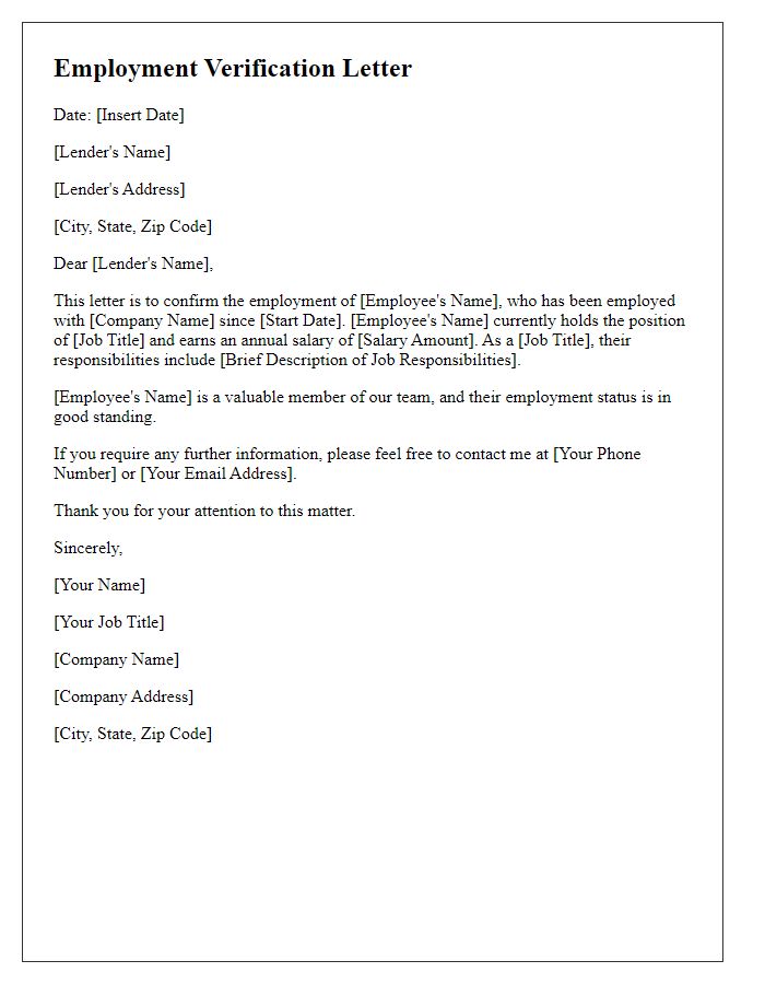 Letter template of employment verification for loan approval