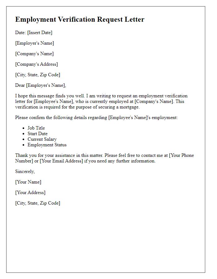 Letter template of employment verification request for mortgage purposes