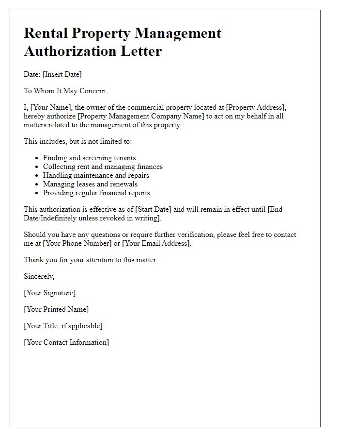 Letter template of rental property management authorization for commercial properties.