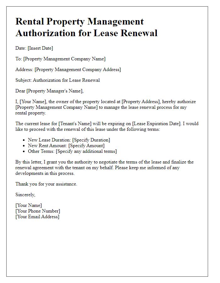 Letter template of rental property management authorization for lease renewal.