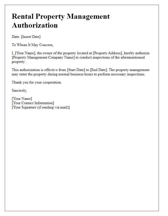 Letter template of rental property management authorization for property inspection.