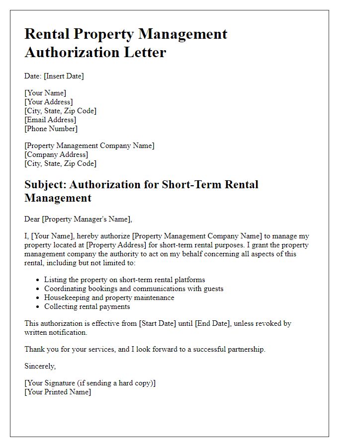 Letter template of rental property management authorization for short-term rentals.