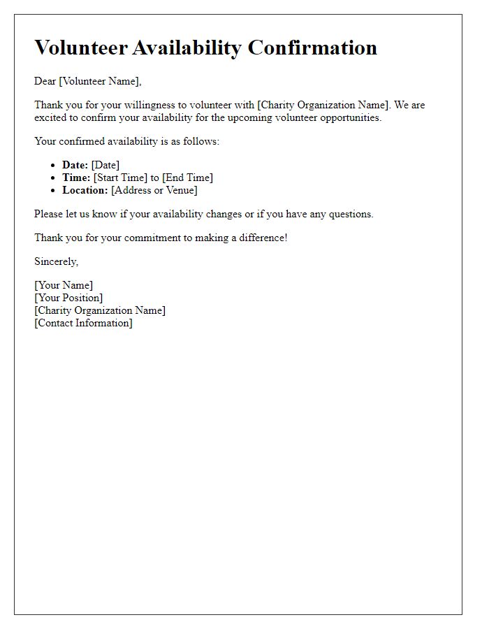 Letter template of volunteer availability confirmation for charity organization.