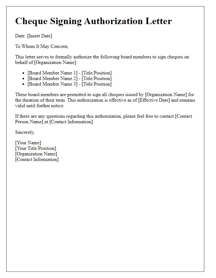 Letter template of cheque signing authorization for board members.