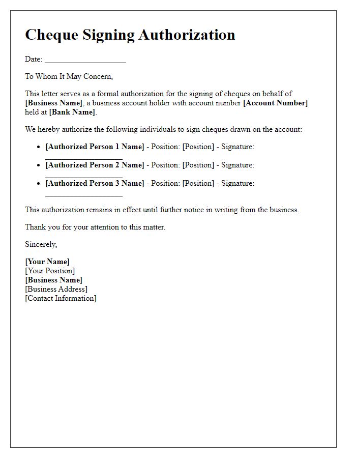 Letter template of cheque signing authorization for business account holders.