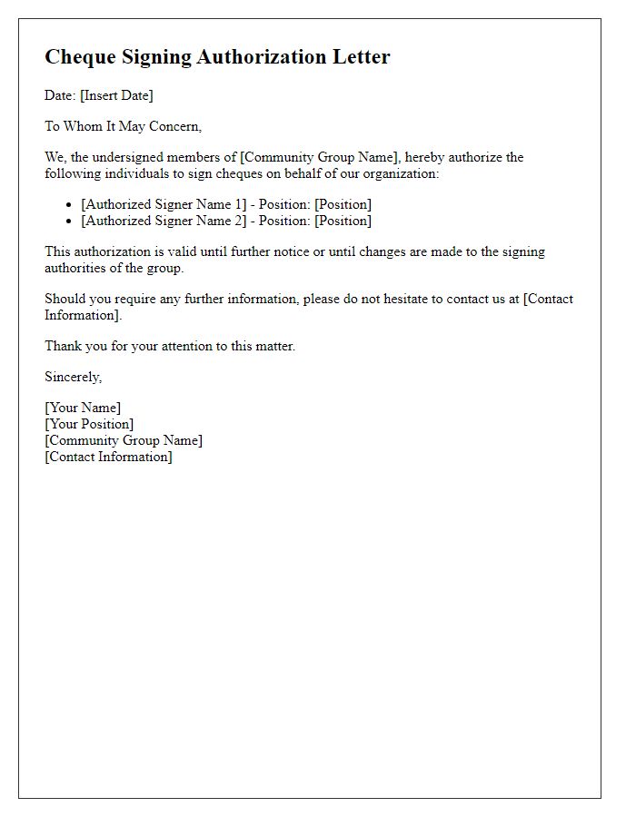 Letter template of cheque signing authorization for community groups.