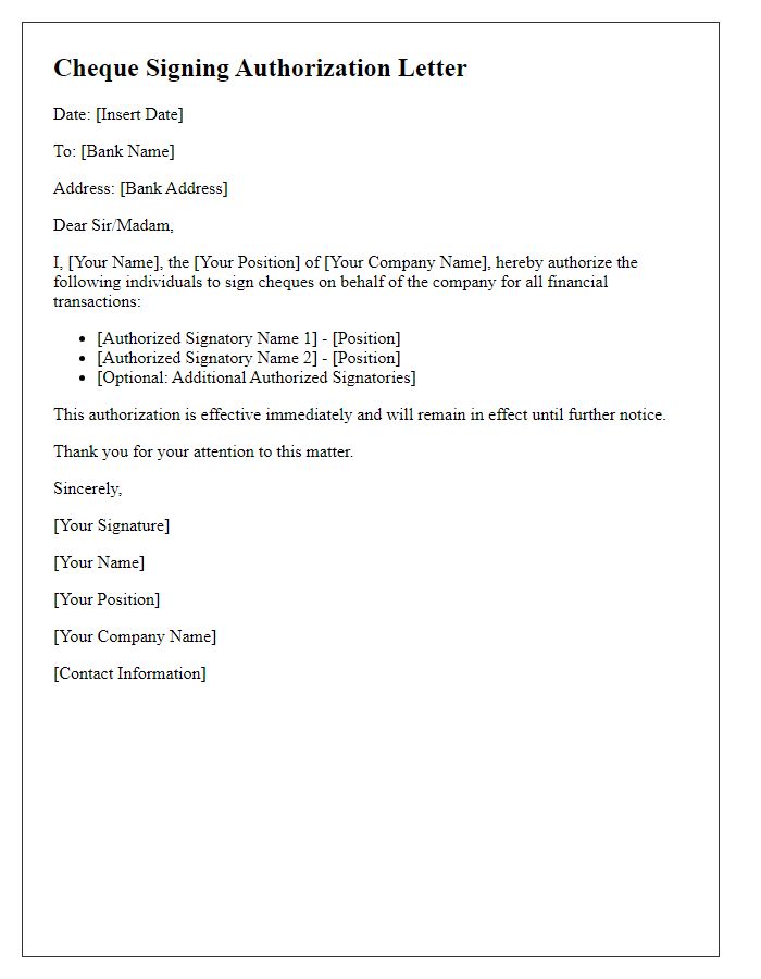 Letter template of cheque signing authorization for financial transactions.