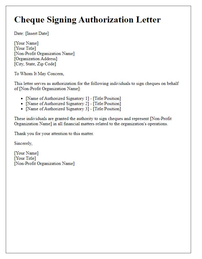 Letter template of cheque signing authorization for non-profit organizations.