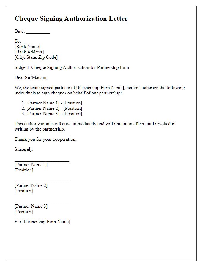 Letter template of cheque signing authorization for partnership firms.