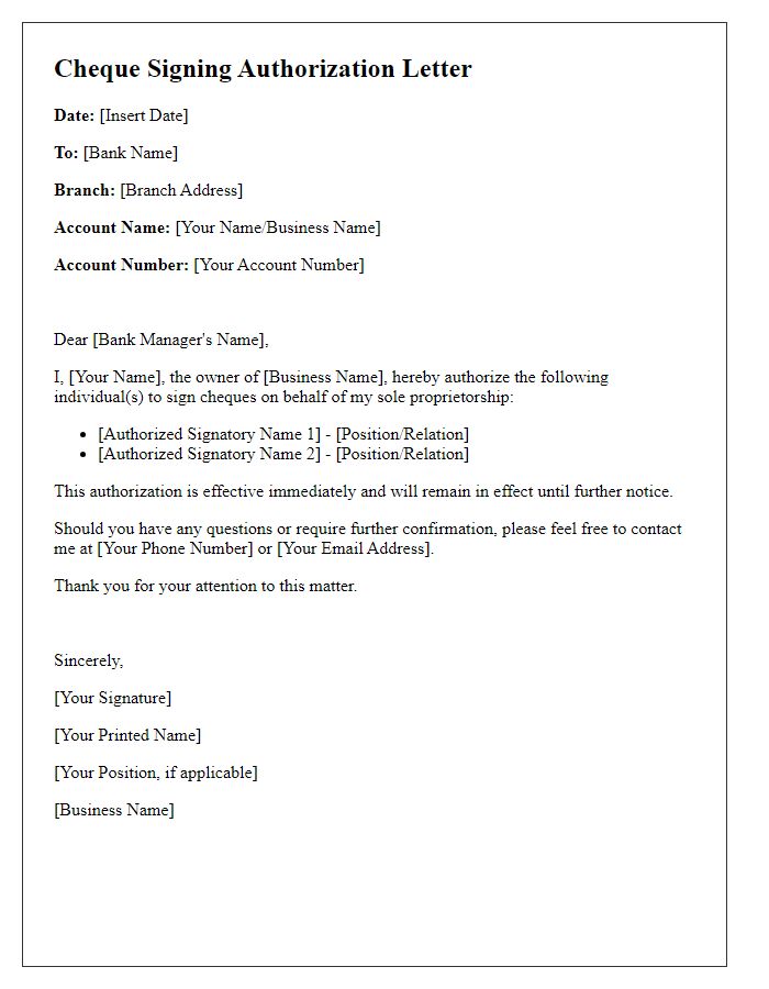 Letter template of cheque signing authorization for sole proprietorships.