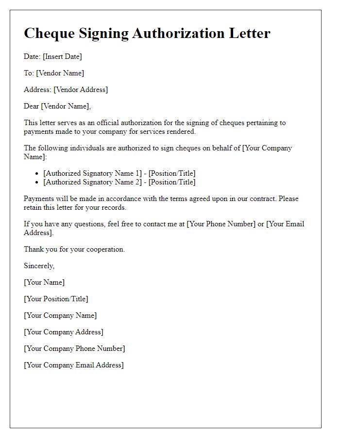 Letter template of cheque signing authorization for vendor payments.