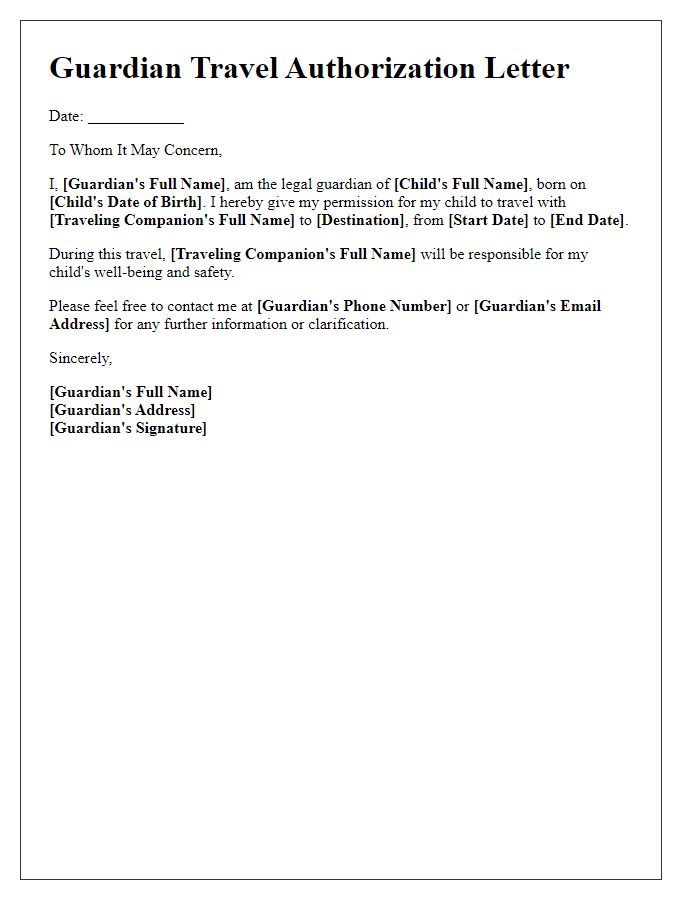 Letter template of guardian travel authorization for children.