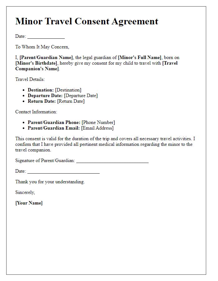 Letter template of minor travel consent agreement.