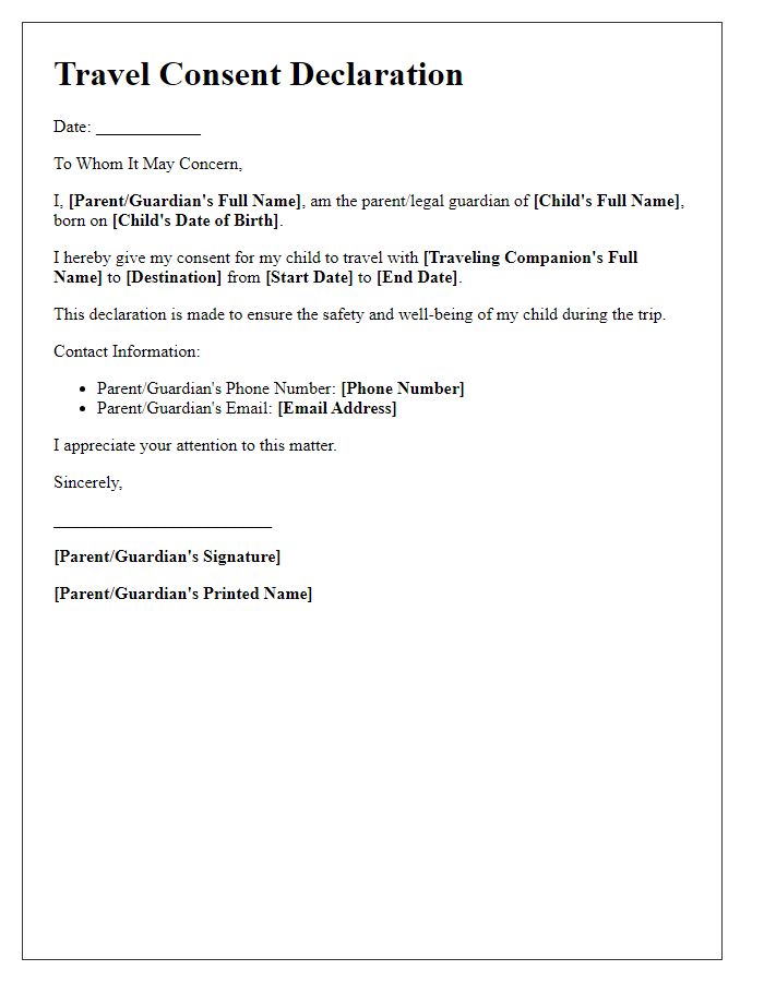 Letter template of travel consent declaration for kids.