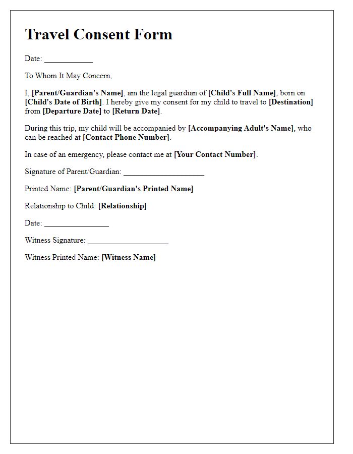 Letter template of travel consent form for underage travelers.