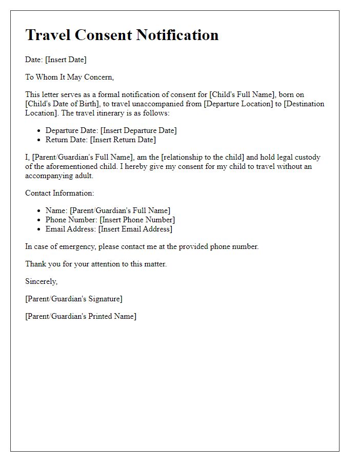 Letter template of travel consent notification for unaccompanied minors.