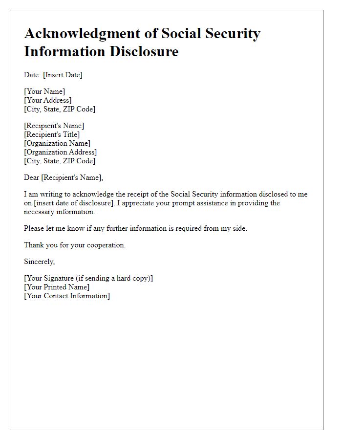 Letter template of acknowledgment for social security information disclosure