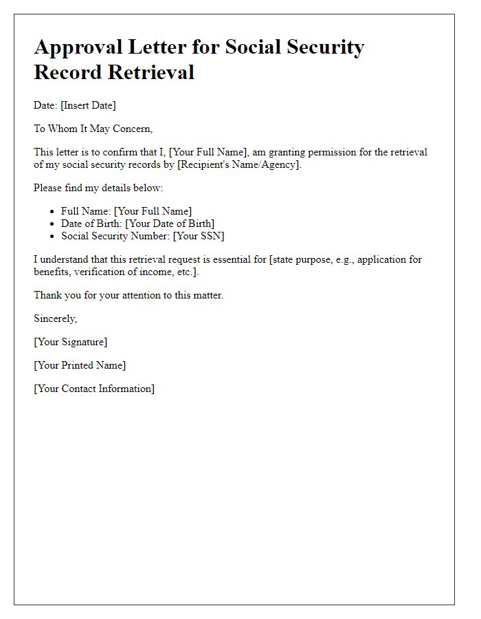 Letter template of approval for social security record retrieval