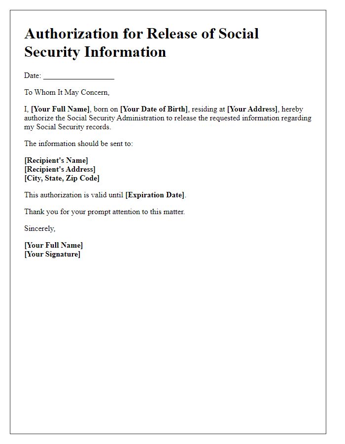 Letter template of authorization for social security information release