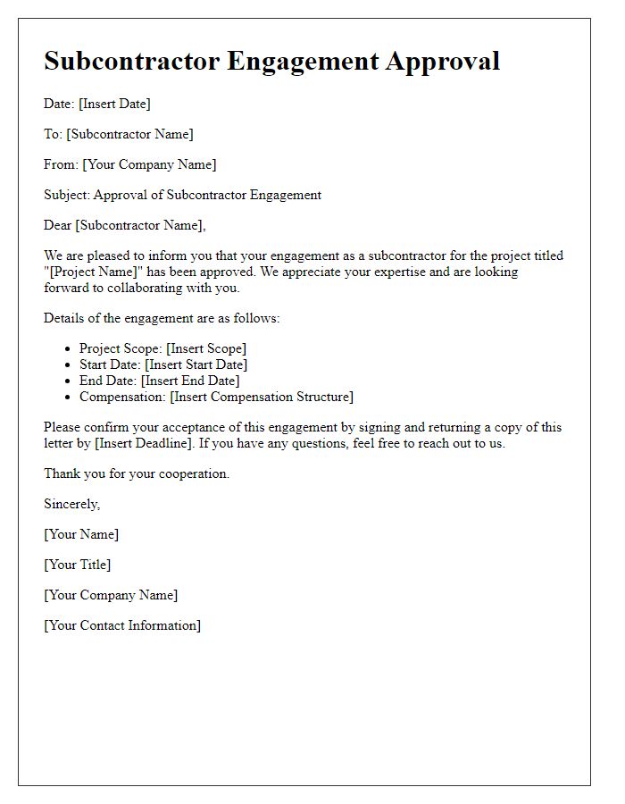 Letter template of subcontractor engagement approval