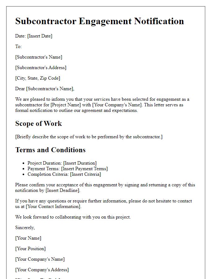 Letter template of subcontractor engagement notification