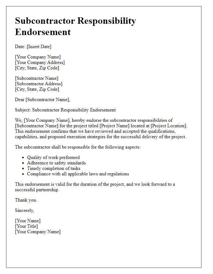 Letter template of subcontractor responsibility endorsement