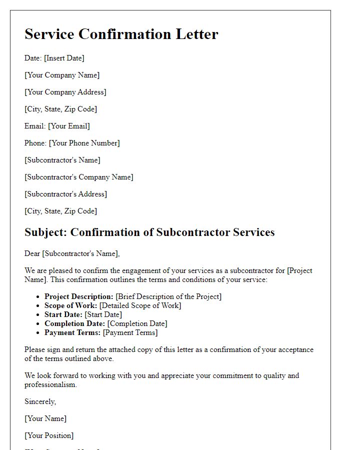 Letter template of subcontractor service confirmation