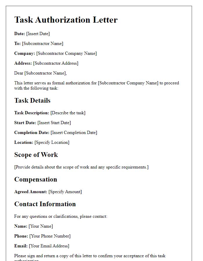 Letter template of subcontractor task authorization