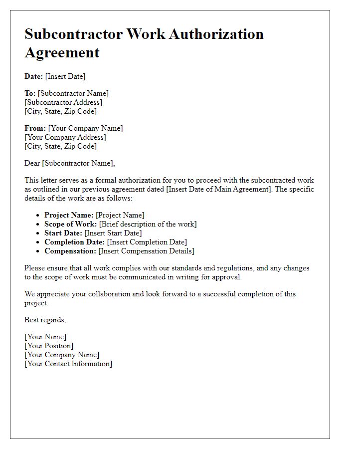 Letter template of subcontractor work authorization agreement