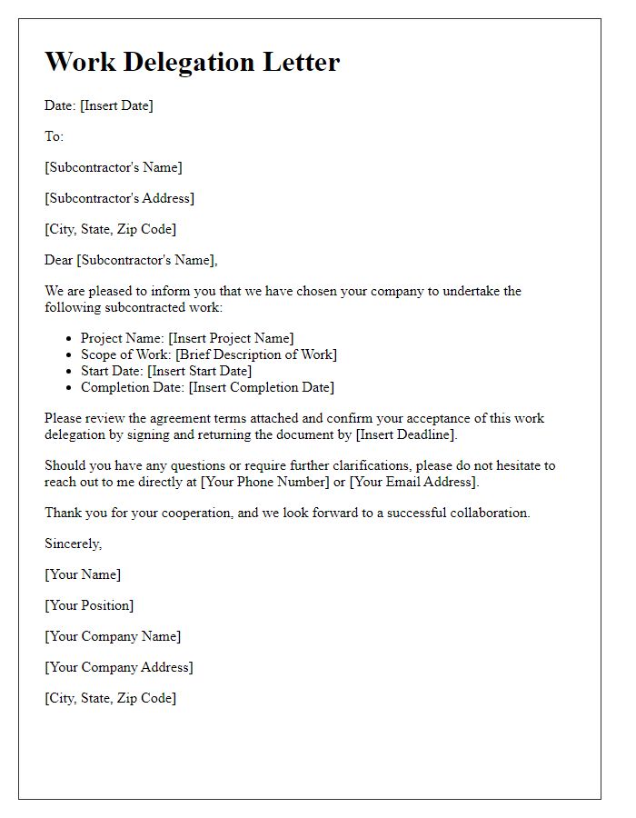 Letter template of subcontractor work delegation