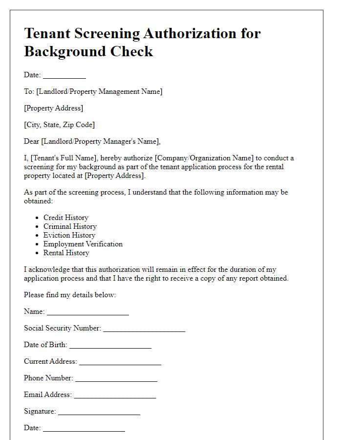 Letter template of Tenant Screening Authorization for Background Check